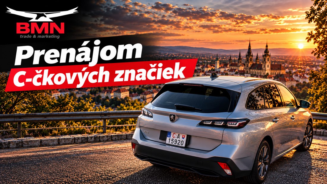 Prenájom prevozných C-čkových značiek v Košiciach — vozidlo s tabuľkou C, v pozadí Dóm sv. Alžbety, logo BMN