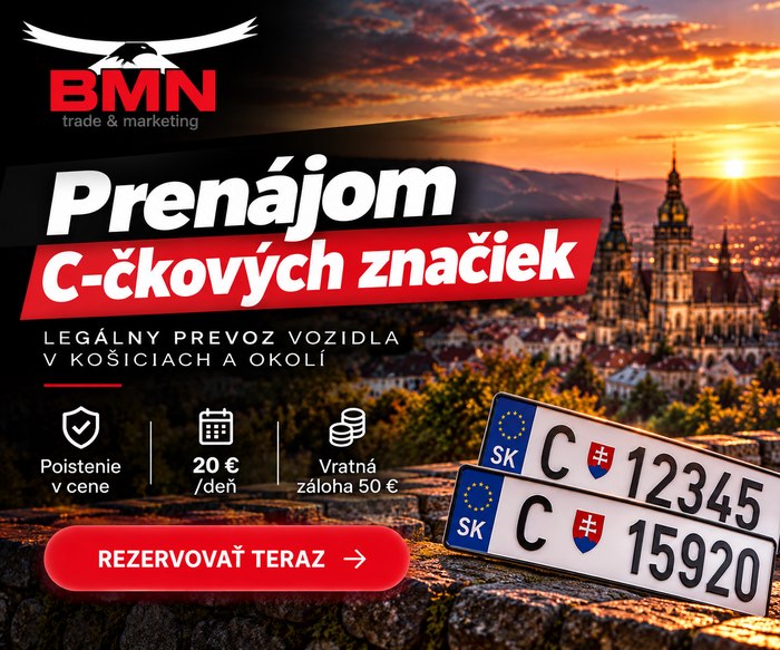 Prevozná značka C v Košiciach — poistenie v cene, 20 €/deň, vratná záloha 50 €